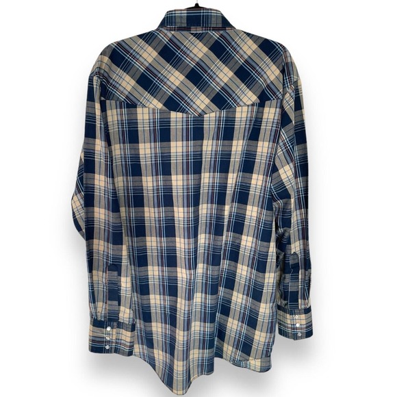 Vintage Ely Cattleman Blue Tan Plaid XL Long Sleeve Western Pearl Snap Shirt - Picture 2 of 3